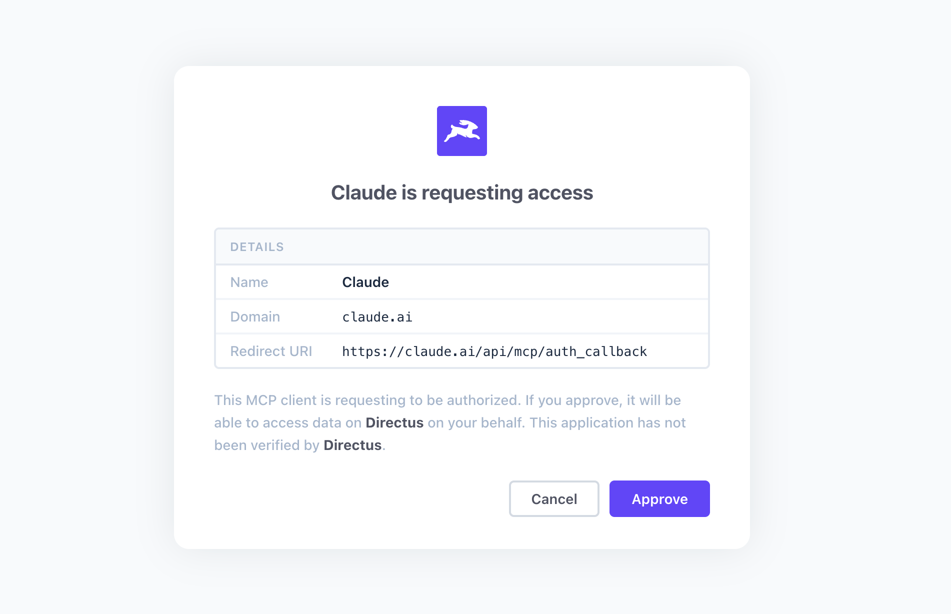 MCP OAuth consent page asking the user to approve client access