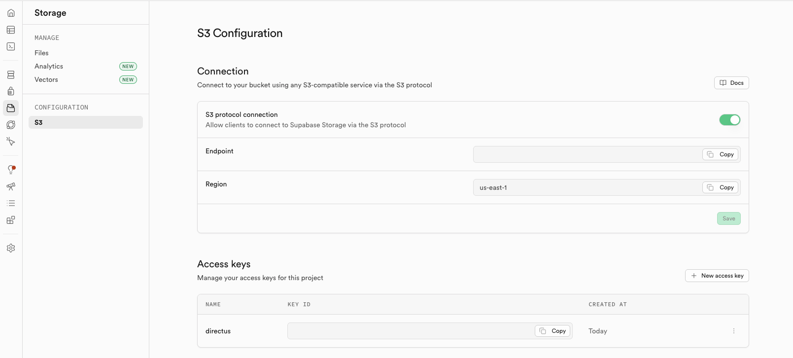 The Supabase Storage S3 Configuration page showing the connection toggle, endpoint, region, and access keys section.